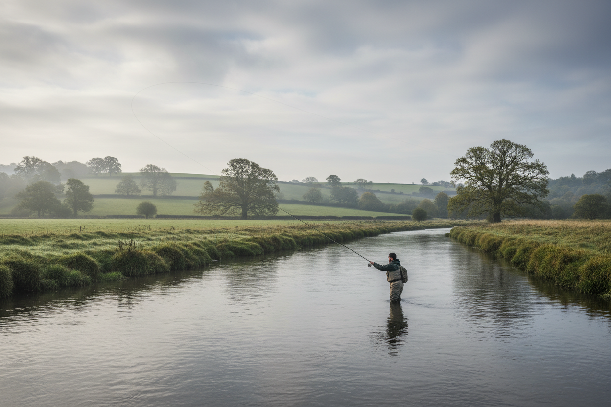 create an image of somebody casting a fly in landscape similar to the UK